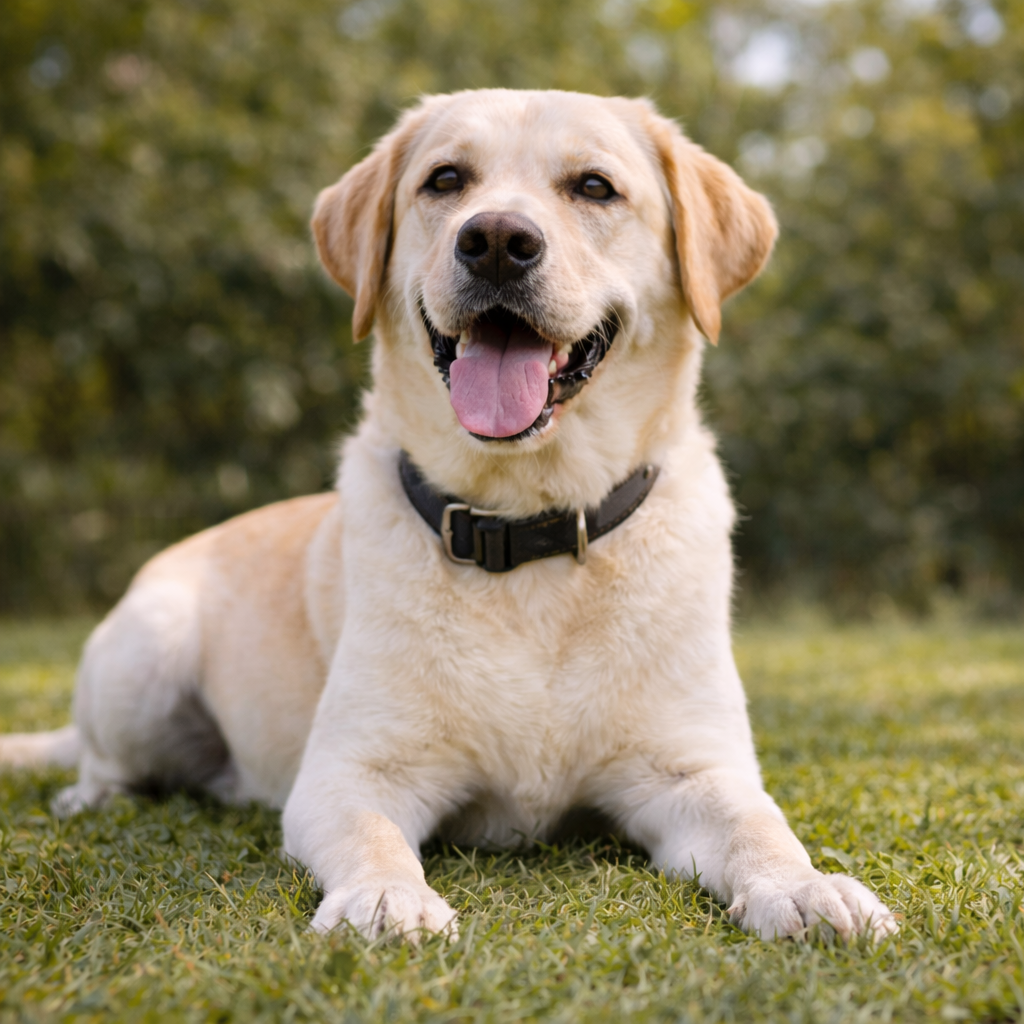 Happy dog lying on grass with a blurred green background